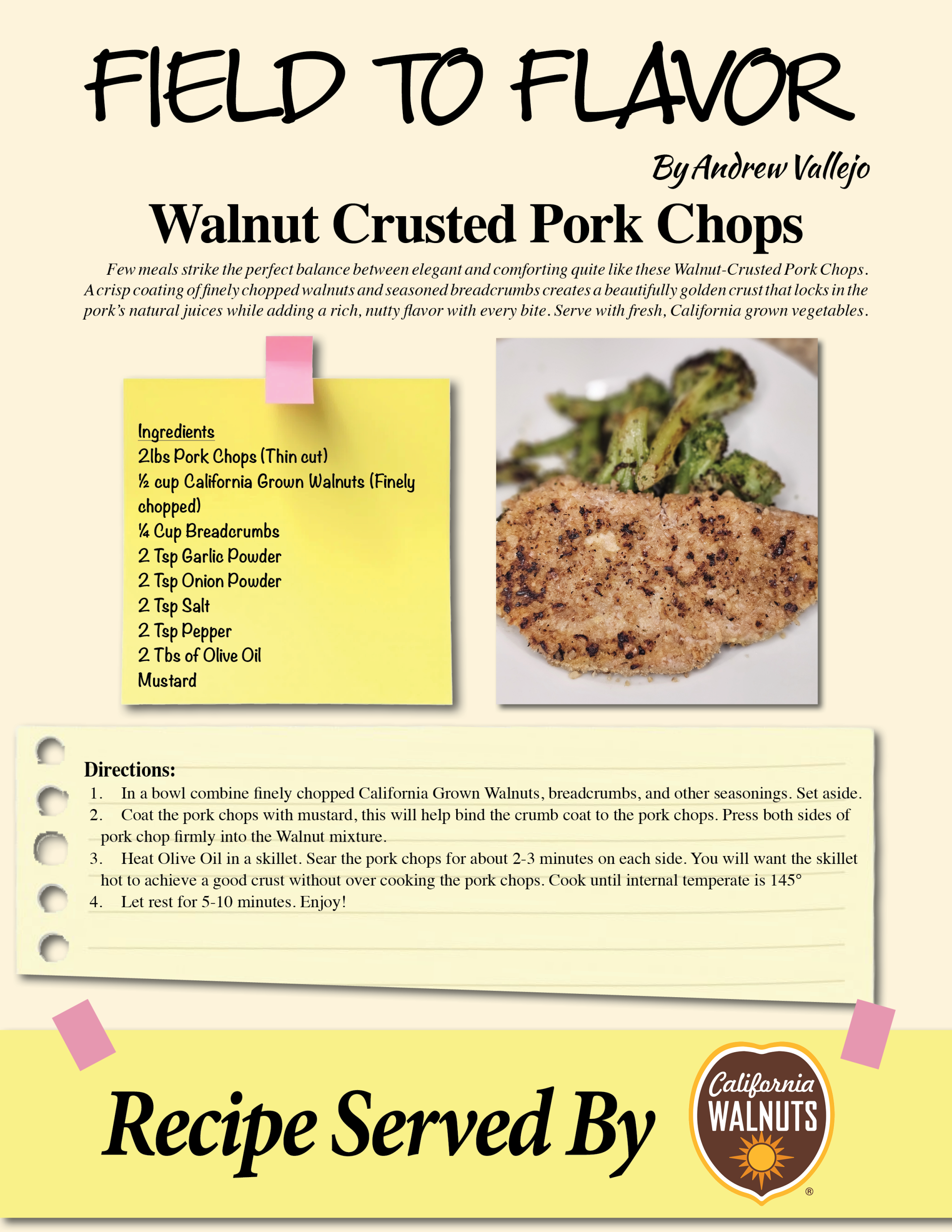 Field to Flavor recipe card: Walnut Crusted Pork Chops by Andrew Vallejo