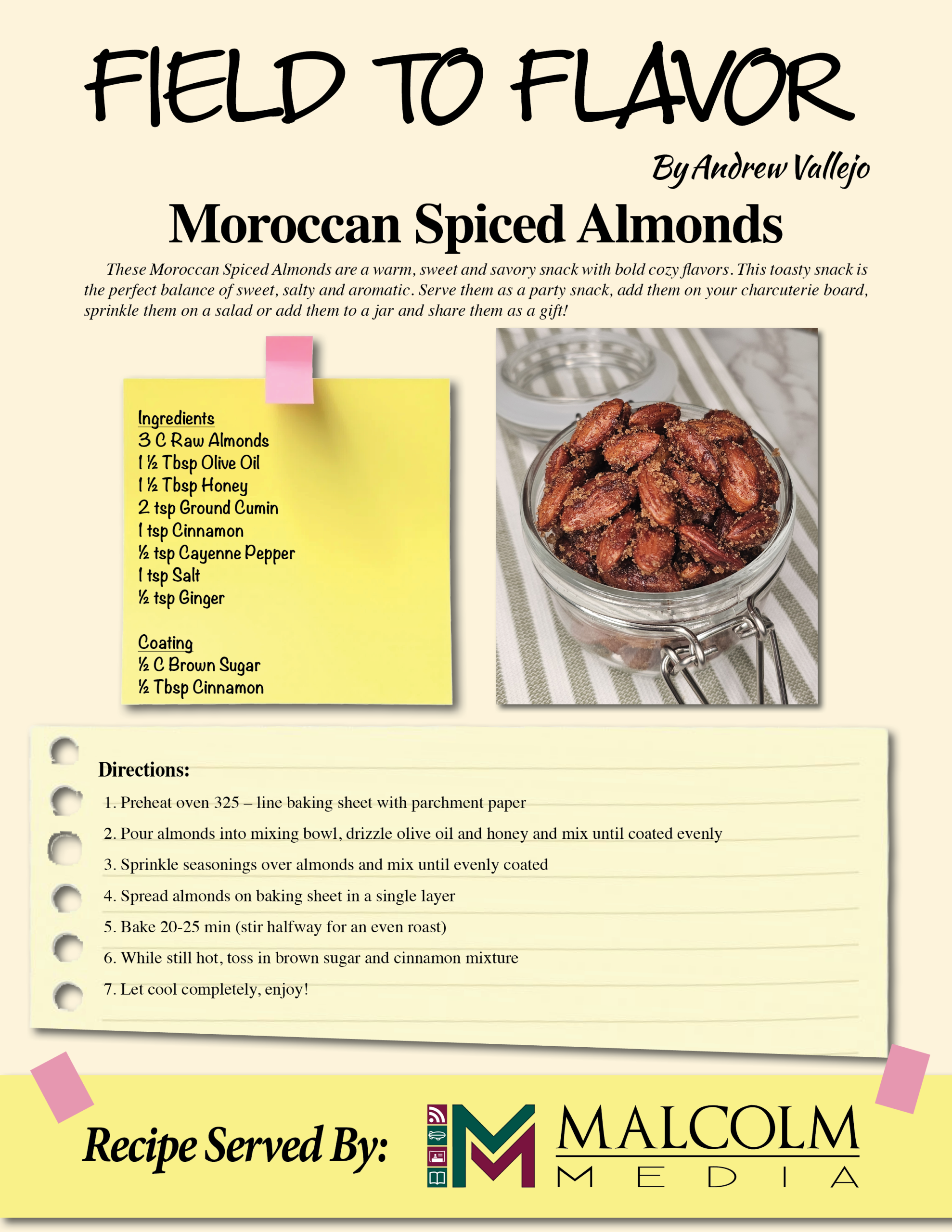 Field to Flavor recipe card: Moroccan Spiced Almonds by Andrew Vallejo